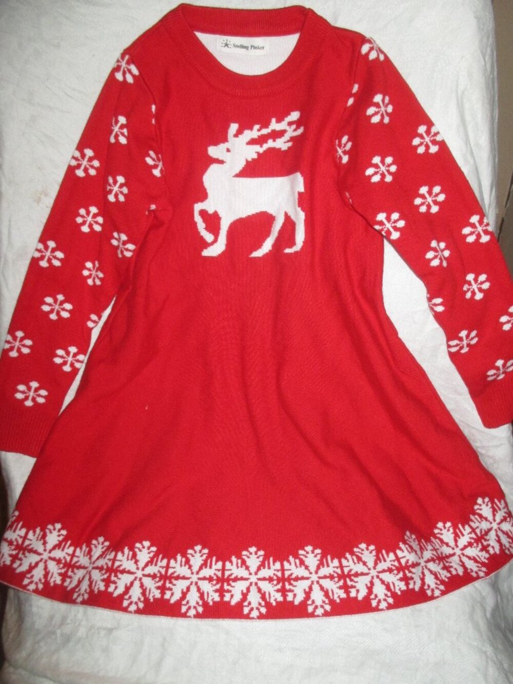 SMILING PINKER Girls Christmas Dress Reindeer Snowflake 150- 10-12 NWOT